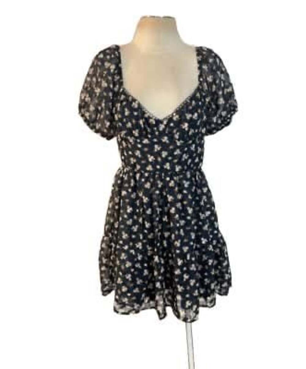 Trixxi Francesca's Willa Floral Puff Sleeve Mini Dress Navy Blue Sz XXS